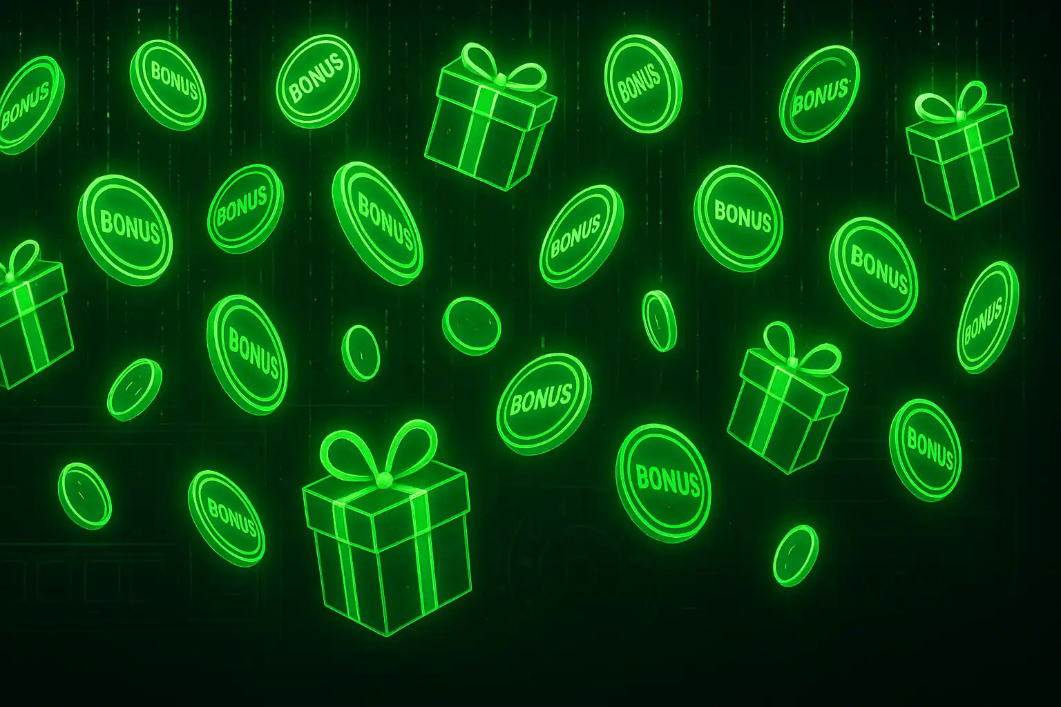 Glowing green bonus coins falling like digital rain over a dark casino interface