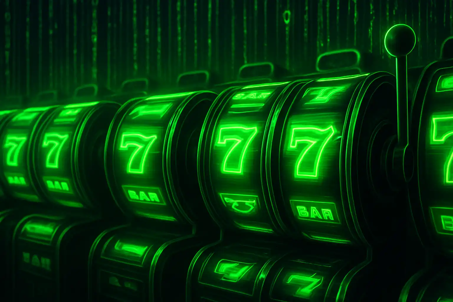 Neon green slot reels spinning against a digital matrix background